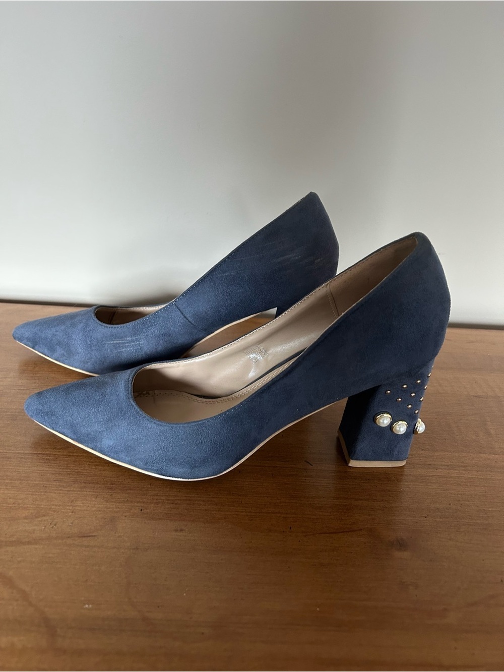 Navy Suede Block Heel Pumps with Pearl Stud Accents